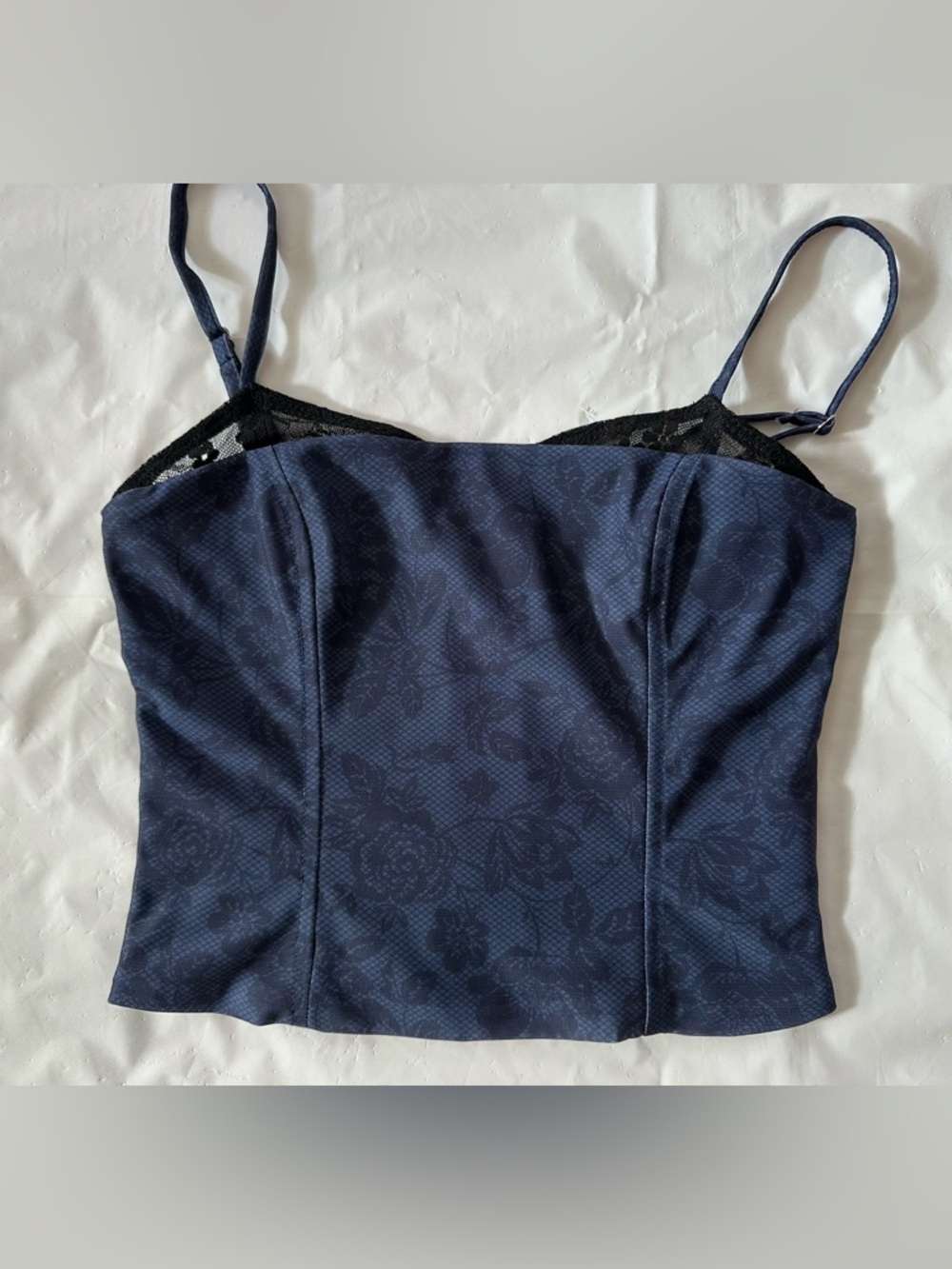 Edikted Navy Floral Jacquard Cami with Black Lace